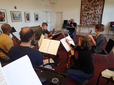 ASU Beyond Rehearsal with composer Kareem Roustom -- Apple Hill String Quartet, pianist Sally Pinkas, clarinetist Kinan Azmeh musicians in 'Playing for Peace' (Photo, Sally Pinkas)