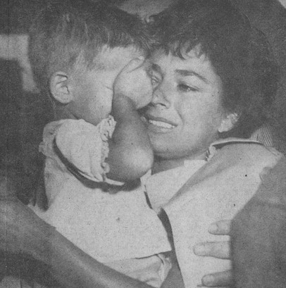Ruth Roman is reunited with her four-year-old son after the sinking of the Andrea Doria. Others to escape death in the tragedy were Betsy Drake, wife of Cary Grant; songwriter Mike Stoller; and Philadelphia mayor Richardson Dilworth.