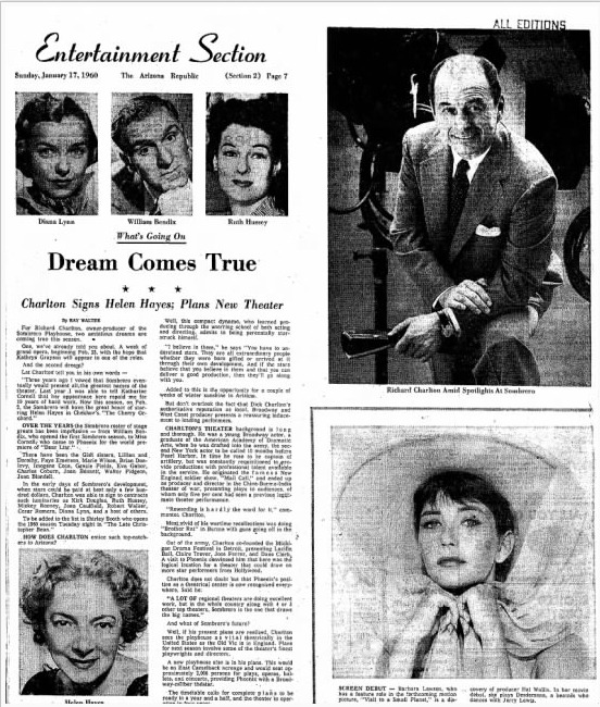 News clipping from the Arizona Republic of Jan. 17, 1960, revealing that a contract had been signed with Helen Hayes, queen of American theater, to appear at the Sombrero Playhouse.