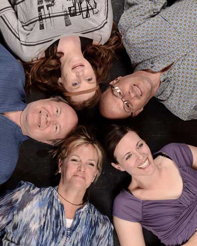 The cast of Circle Mirror Transformation, clockwise from left: David Vining, Alyson Maloney, Rusty Ferracane, Maren Maclean, Staci Robbins. (Photo by John Groseclose)