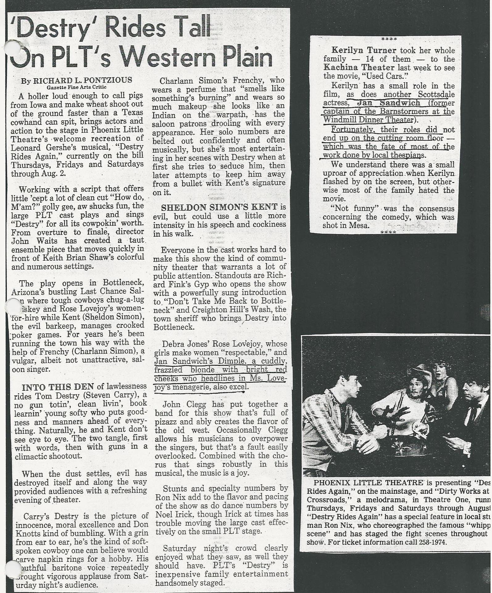 "Destry Rides Again" was produced at Phoenix Little Theatre in 1980 (?) Clippings from the collection of Jan Sandwich.