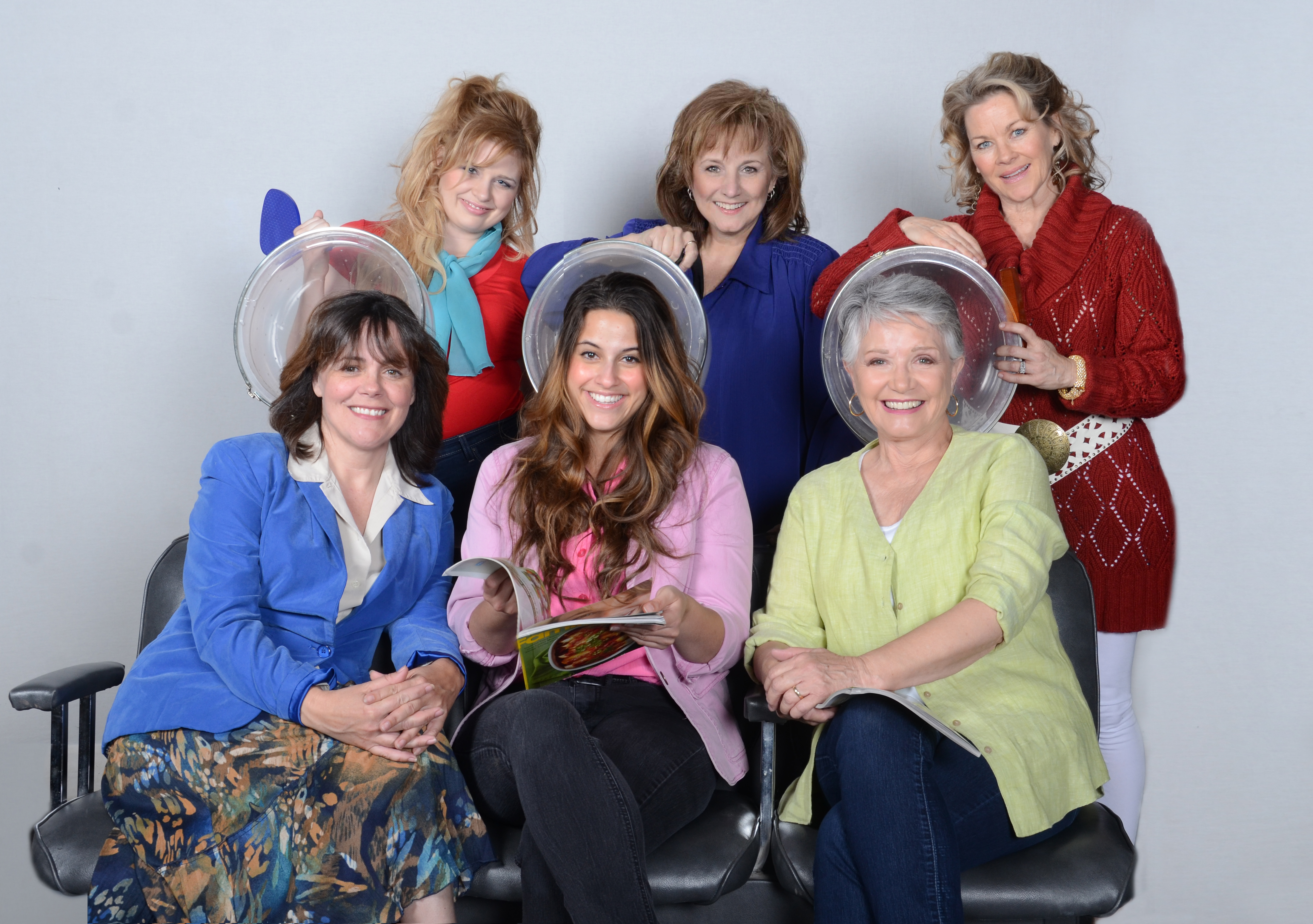 Scottsdale Community Players, "Steel Magnolias," 2013. L to R – Top Row Ashley Faulkner as Annelle, Laura Durant as Clairee, Jodie Weiss as Truvy; L to R – Bottom Row Maureen Dias Watson as M’Lynn, Jamie Sandomire as Shelby, Patti Davis Suarez as Ouiser. (Photo by Laura Durant)