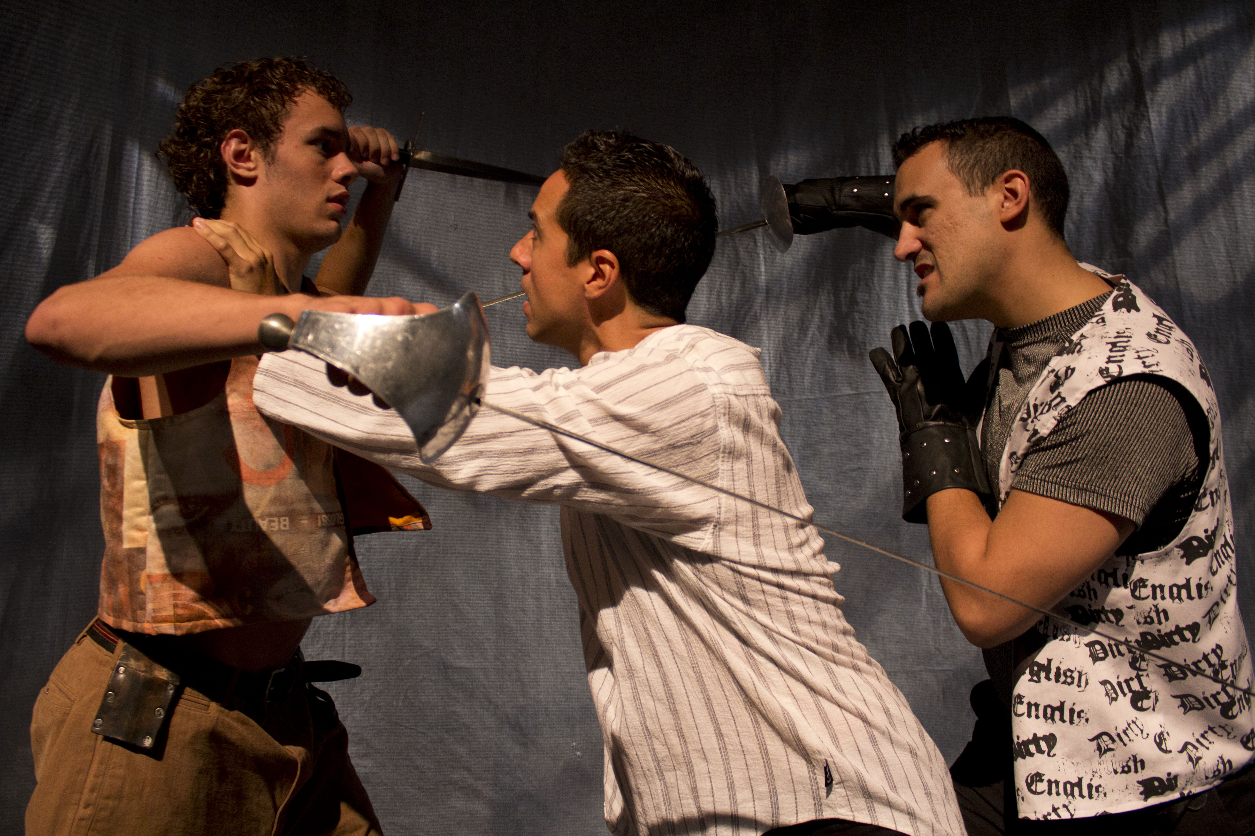 Sam Wiseman as Mercutio, Phillip Herrington as Romeo and Joseph Cannon as Tybalt in Romeo and Juliet at Theater Works, 2011 (Photo by Bo Allen)