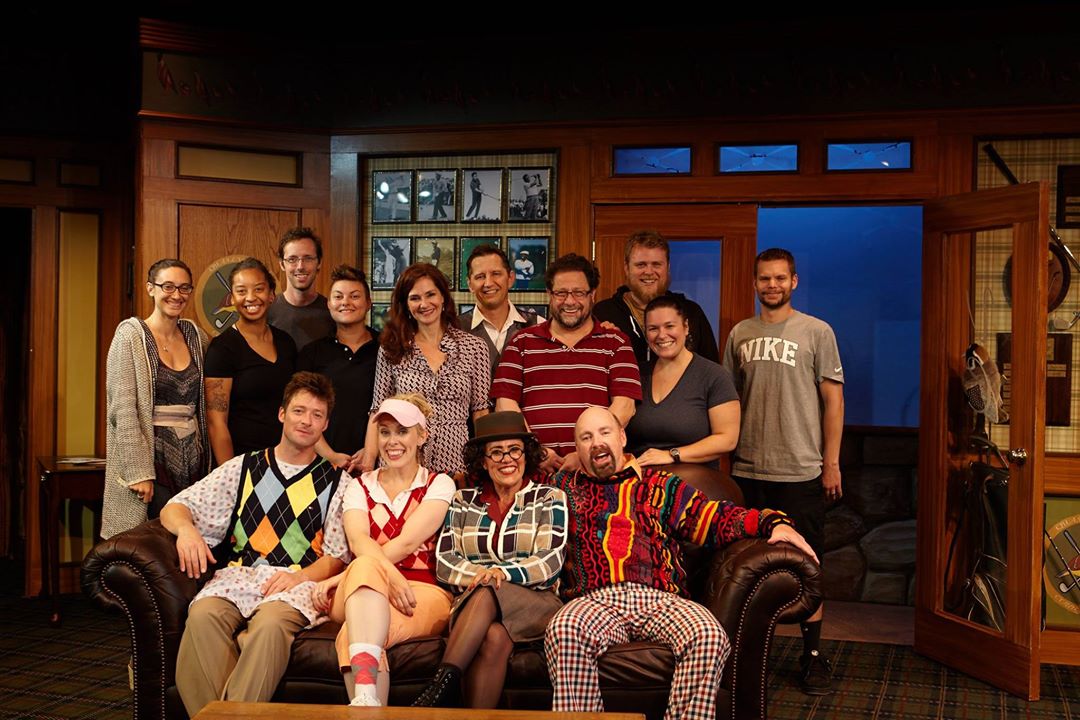 Matthew Wiener directed Kyle Sorrell, Ashley Stults, Roxane Carrasco, Brian Salmon, Matt Novotny, Andrea Gutierrez, Ryan Ford, Jackie Ritz, Monica Perfetto, Aaron Rumley, Victoria Quintanar and Elisa Benzoni in "The Fox on the Fairway" at North Coast Repertory in San Diego. September, 2015. (Photo by Aaron Rumley)