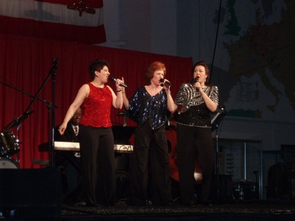 Kathy Donald Jazz Ensemble USO Show (2009) — with Lizz Reeves Fidler, Kathy Donald and Susan Gerkin at Night in the 40s Dance. Photo credit unknown. 